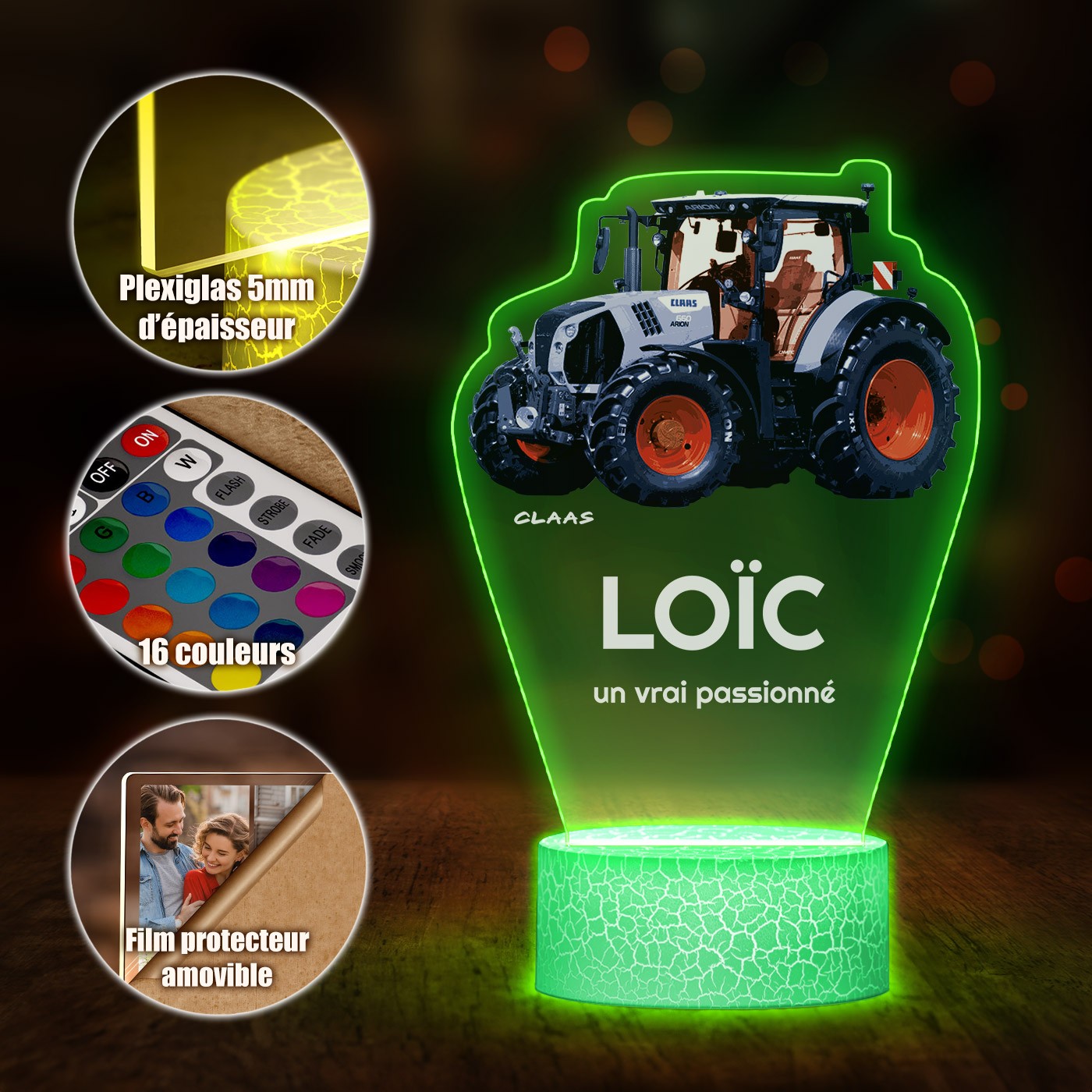 Lampe LED 3D Murrano avec impression de tracteur