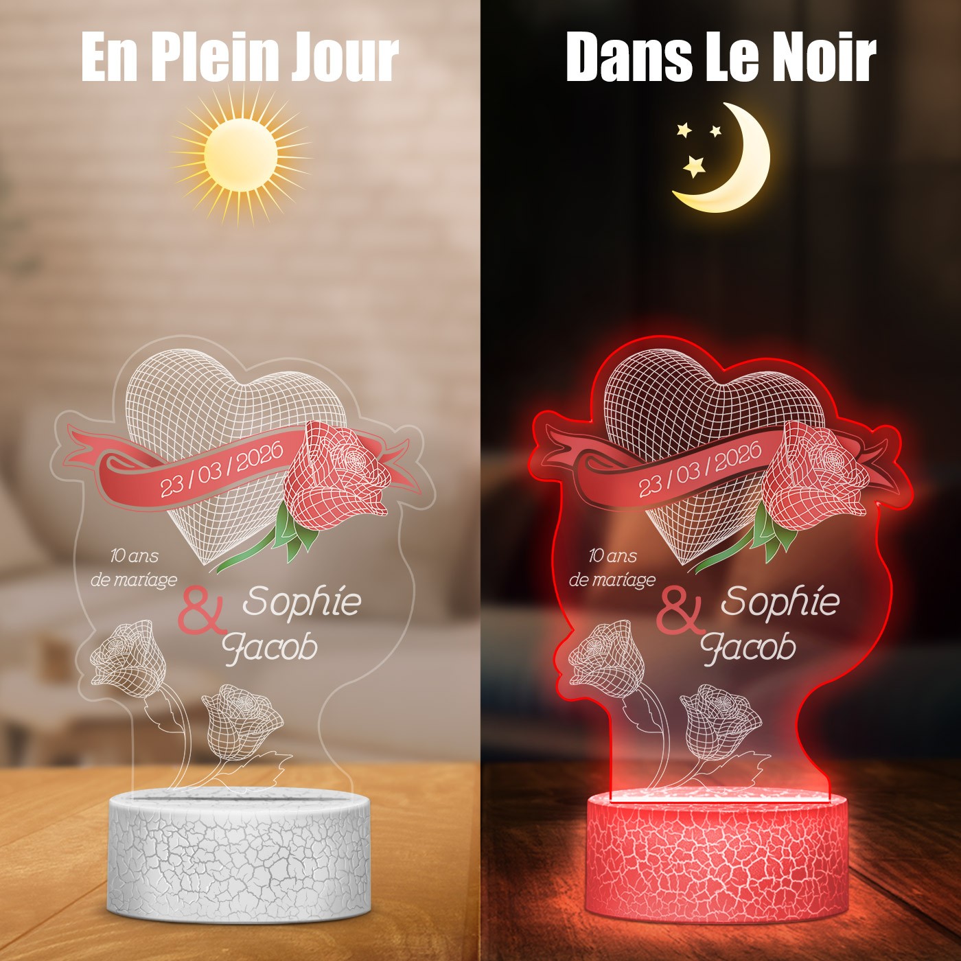 Lámpara LED Murrano 3D con impresión personalizada para aniversario de boda