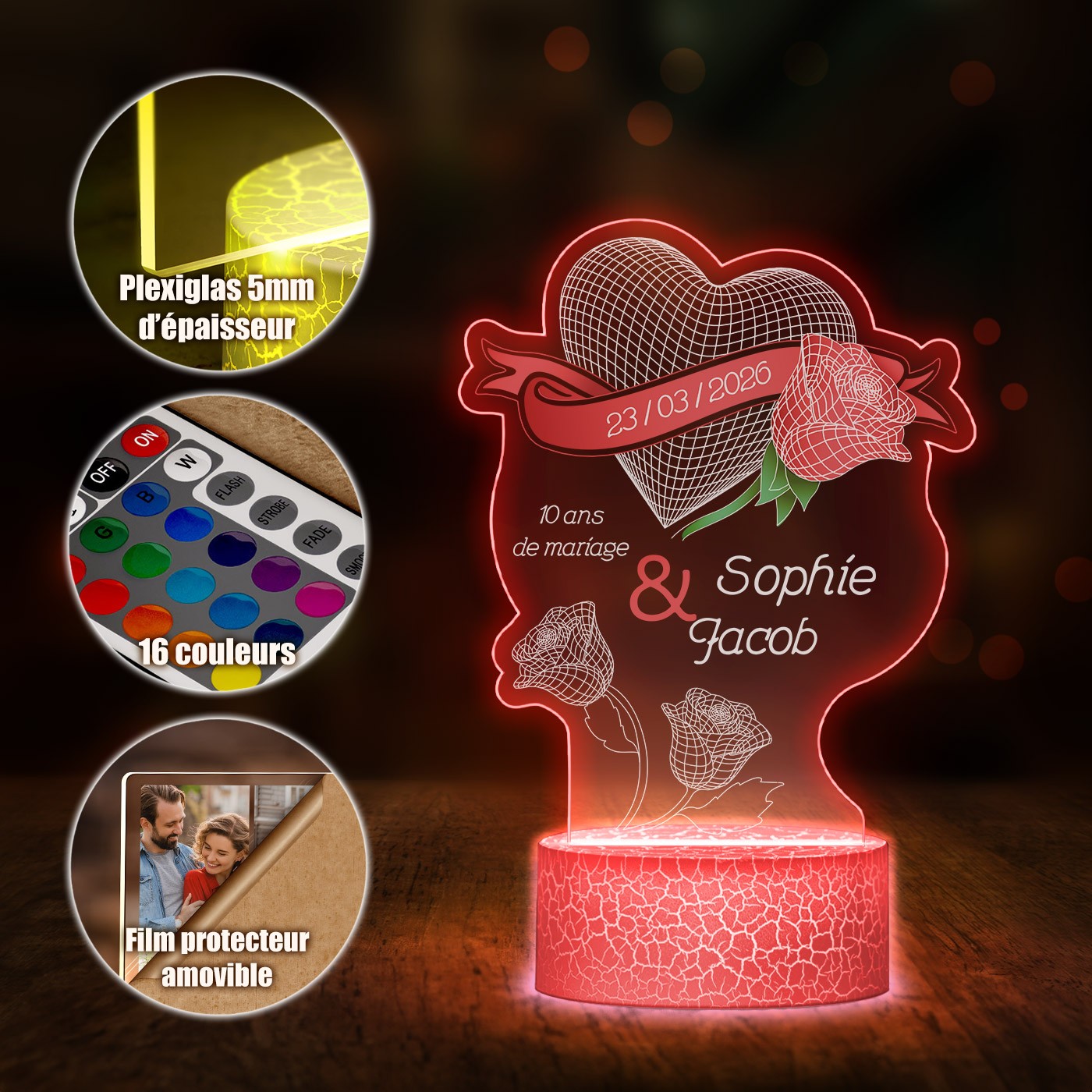 Lámpara LED Murrano 3D con impresión personalizada para aniversario de boda