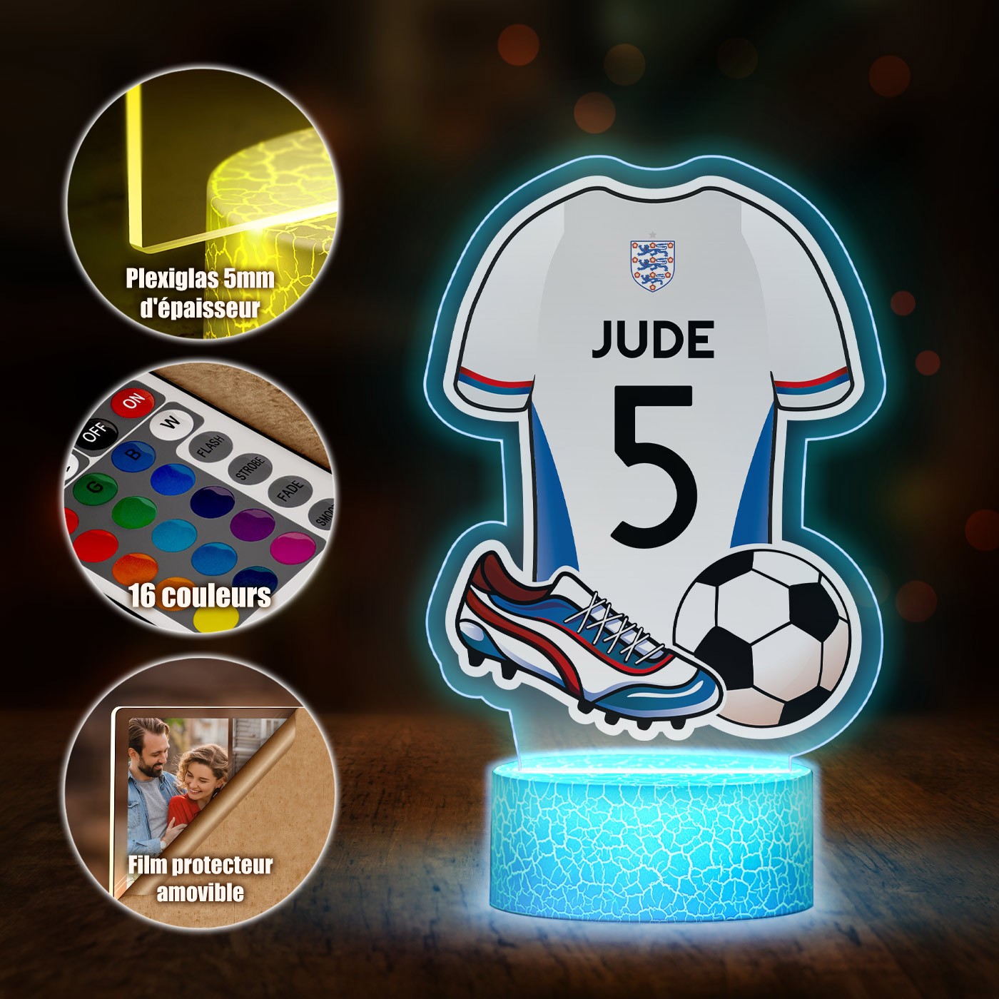 Lámpara LED Murrano 3D con impresión de camiseta de fútbol de Inglaterra