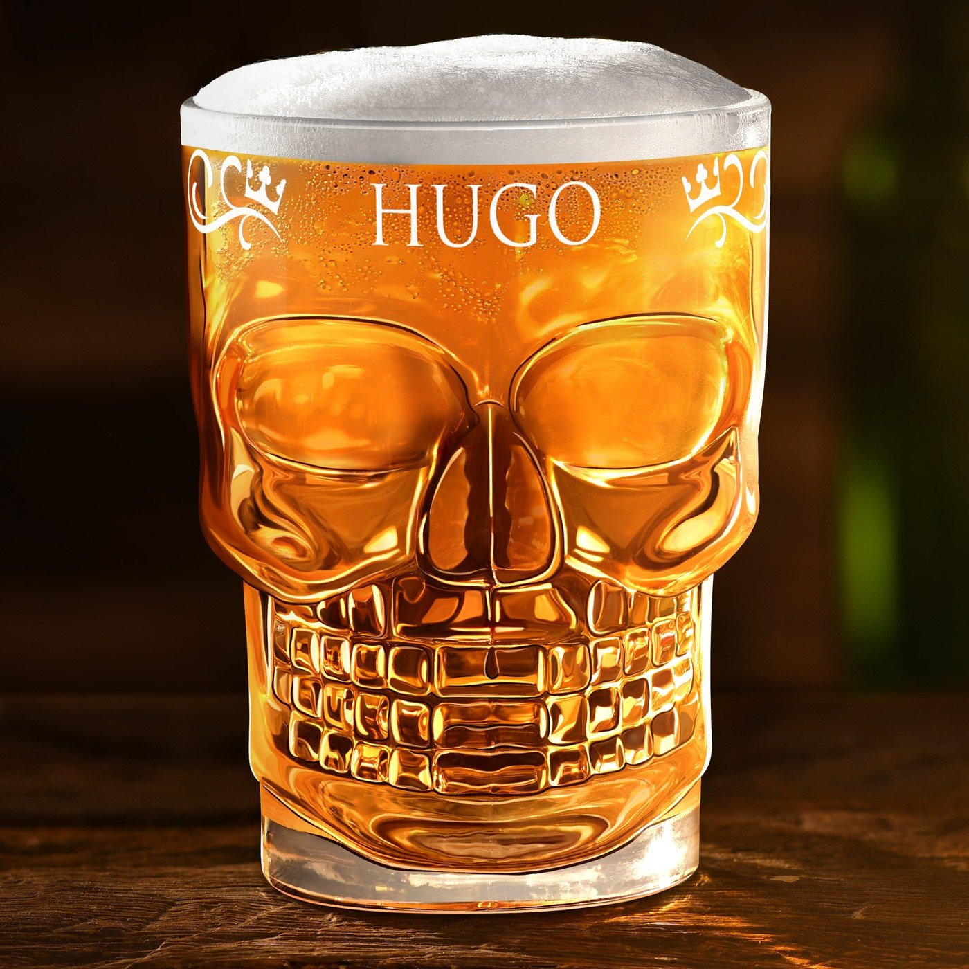 Vaso de cerveza en forma de cráneo Murrano con personalización para hombre por aniversario