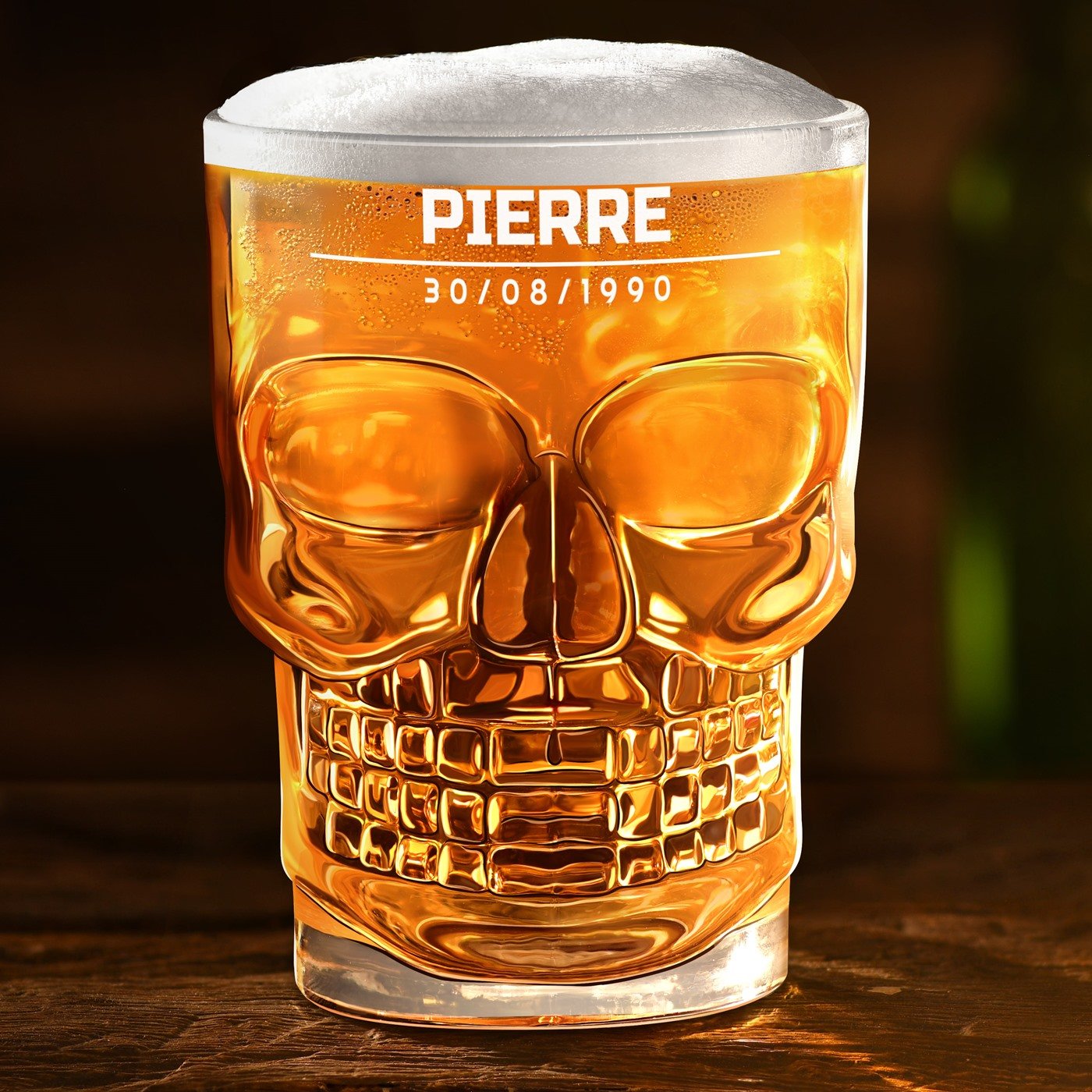Vidrio de cerveza en forma de cráneo Murrano personalizado para él por su cumpleaños