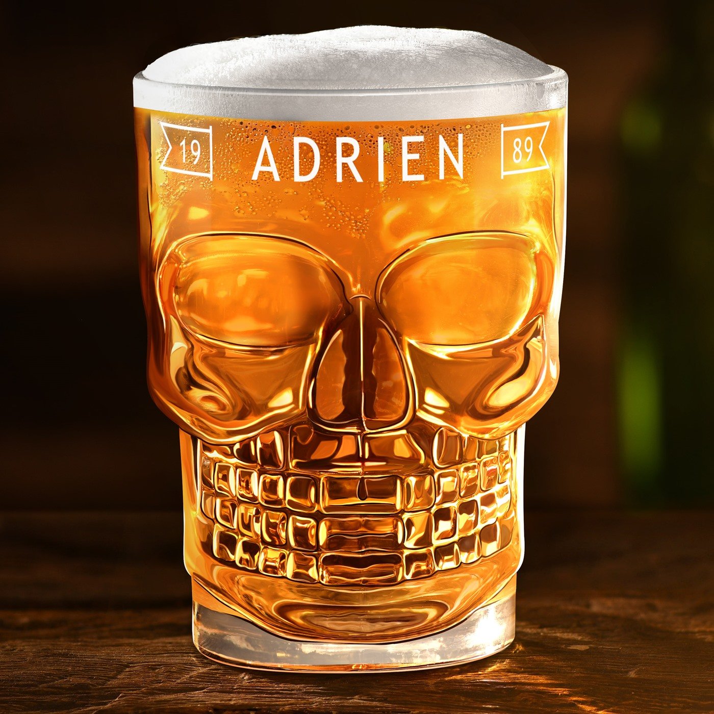 Vaso de cerveza en forma de cráneo Murrano con personalización para aniversario