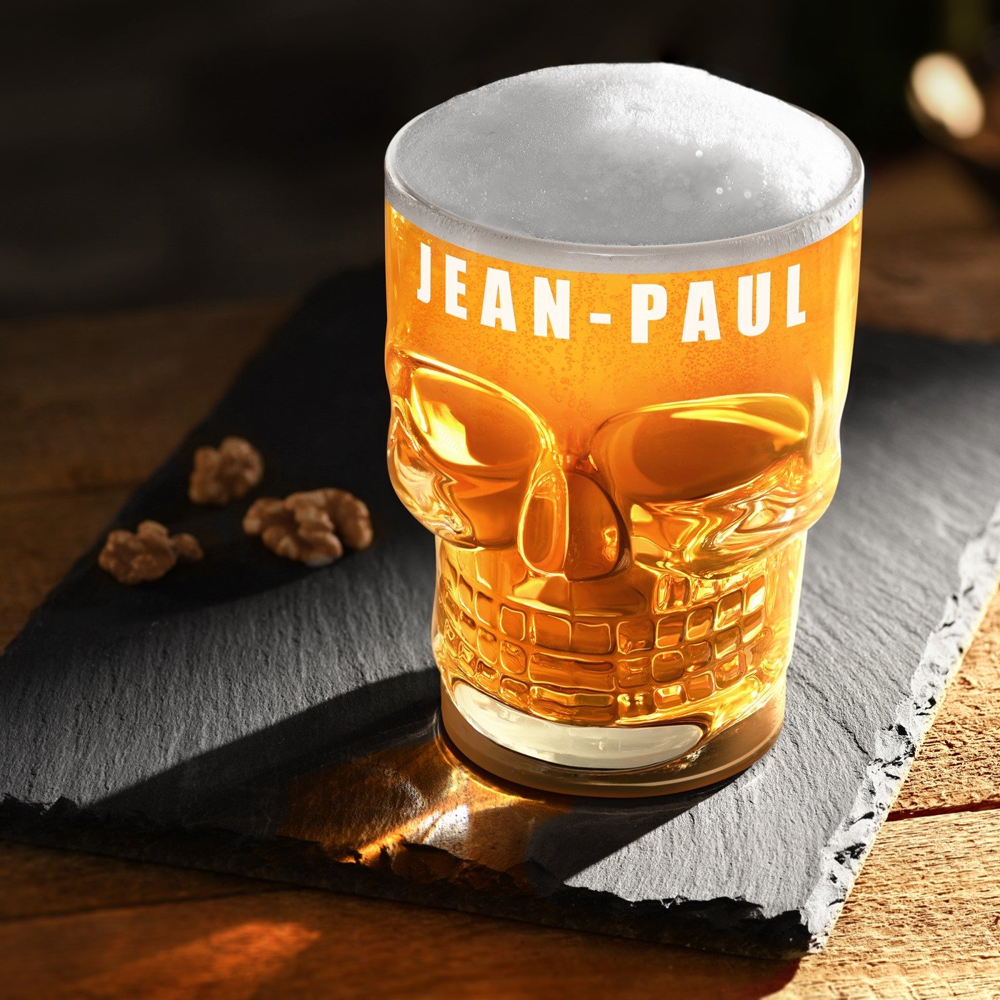 Vaso de cerveza en forma de cráneo Murrano con personalización para él
