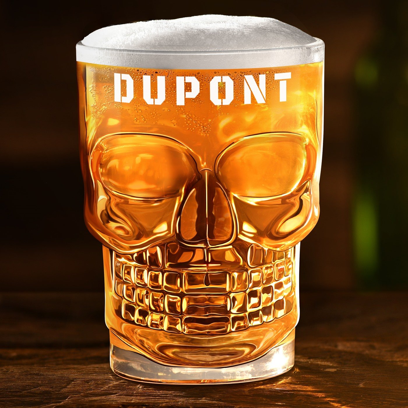Vaso de cerveza en forma de cráneo Murrano con personalización por nombre de familia