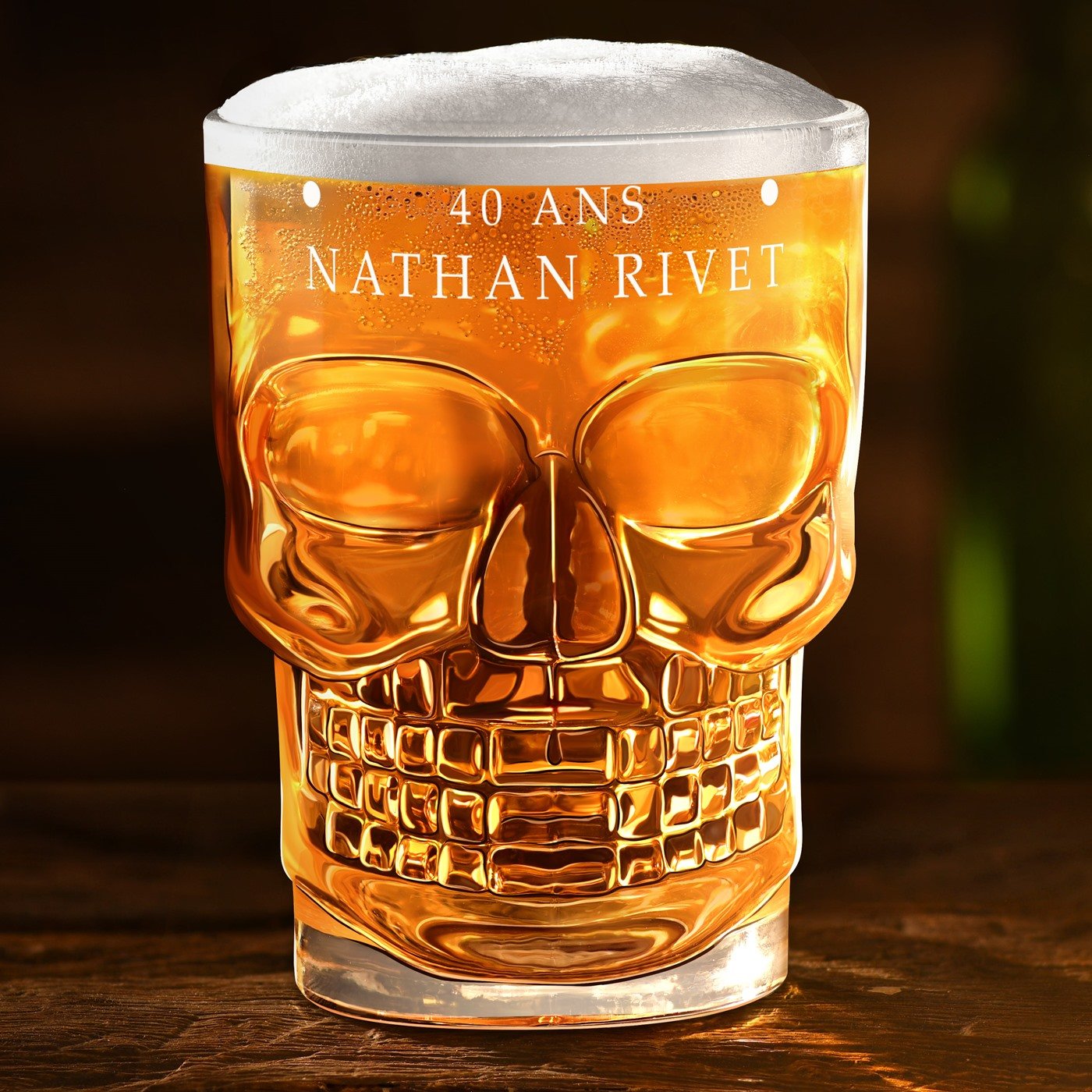 Vaso de cerveza en forma de cráneo Murrano con personalización para hombre de 40 años