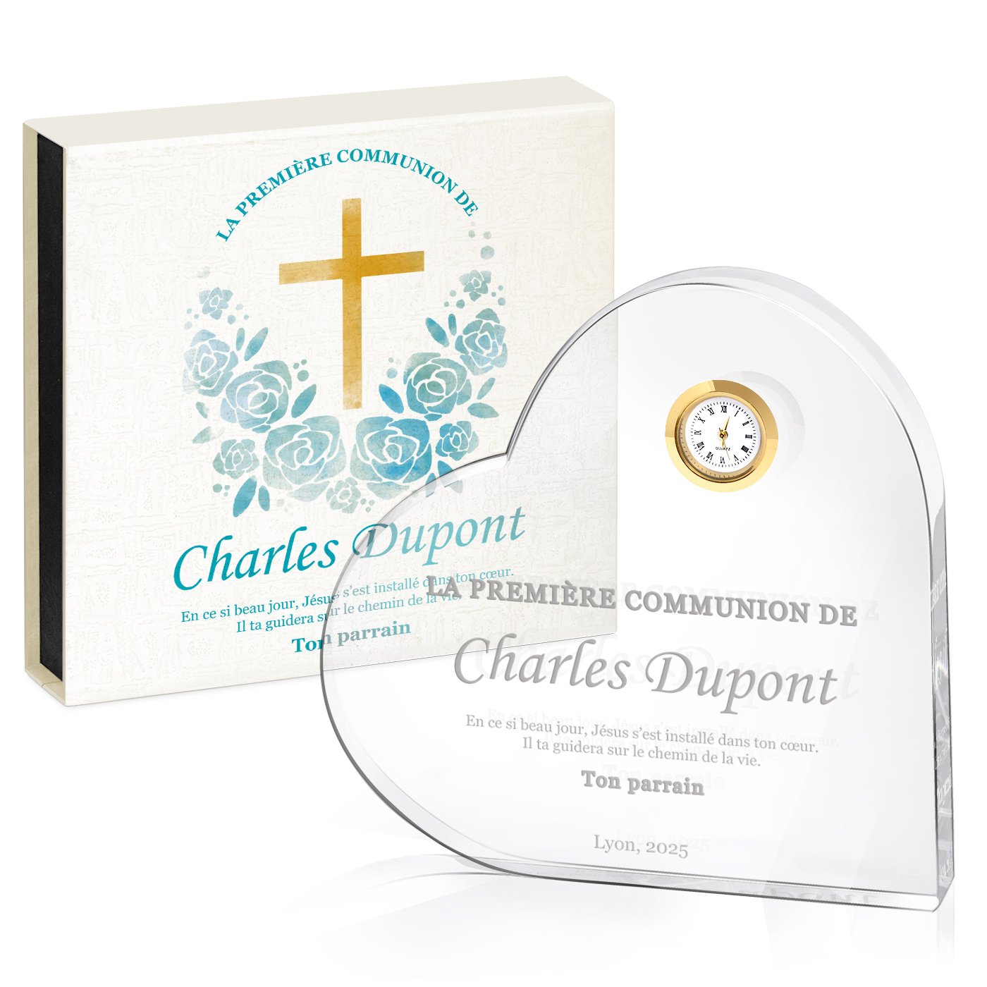 Corazón de cristal Murrano con reloj y caja personalizada para la primera comunión de tu ahijado/a
