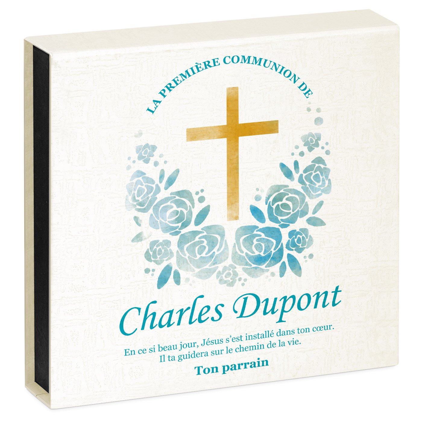 Corazón de cristal Murrano con reloj y caja personalizada para la primera comunión de tu ahijado/a