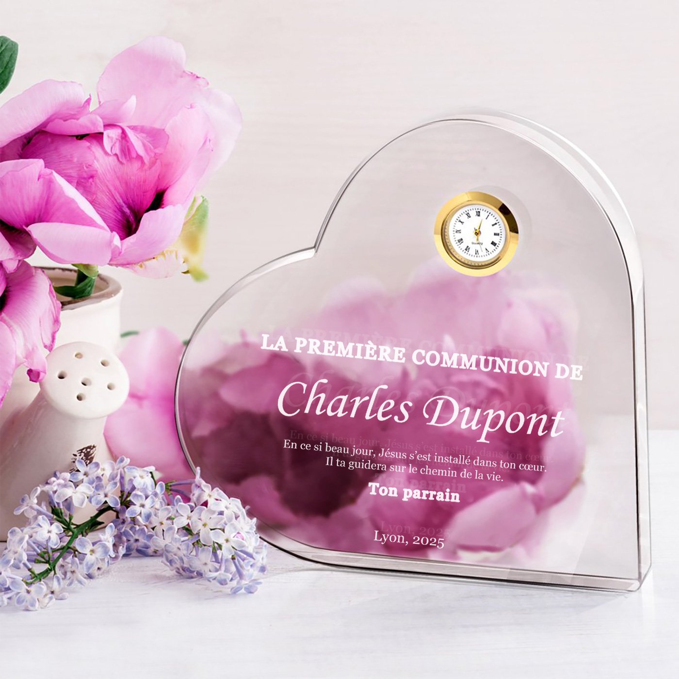 Corazón de cristal Murrano con reloj y caja personalizada para la primera comunión de tu ahijado/a