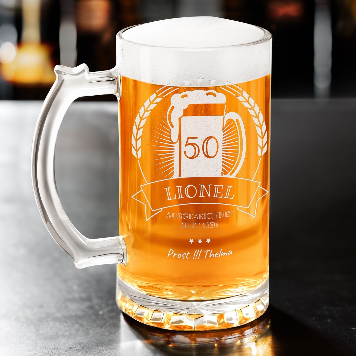 Vaso de cerveza personalizado Murrano para el cumpleaños número 50 de su esposo
