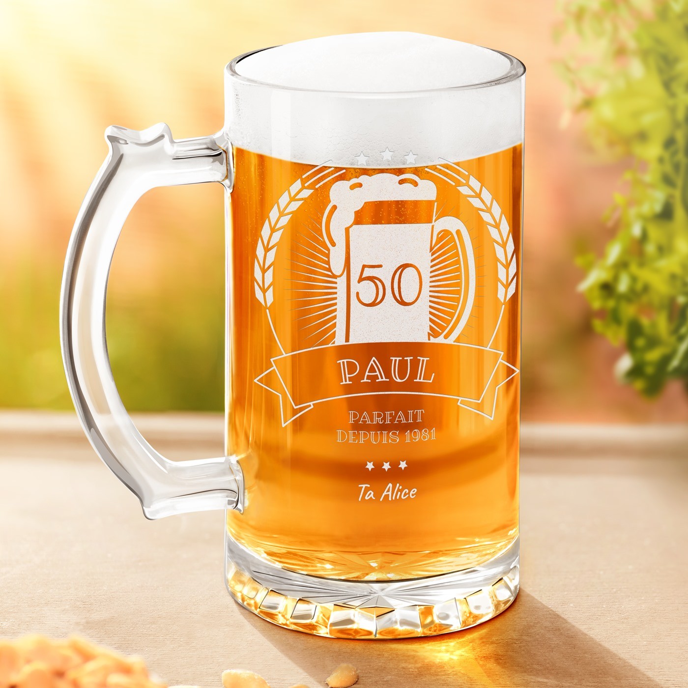 Vaso de cerveza personalizado Murrano para el cumpleaños número 50 de su esposo