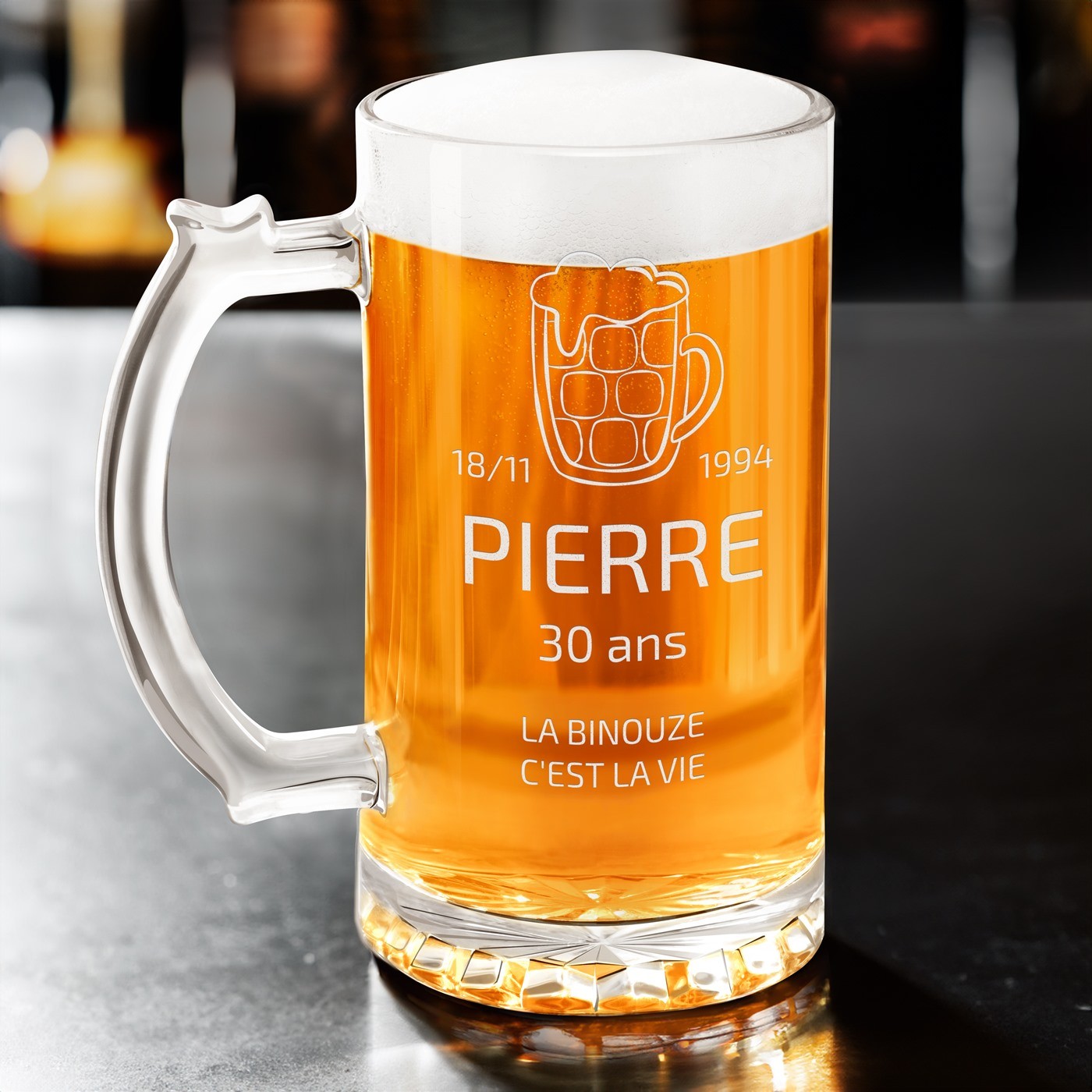 Vaso de cerveza personalizado Murrano para un cumpleaños número 30