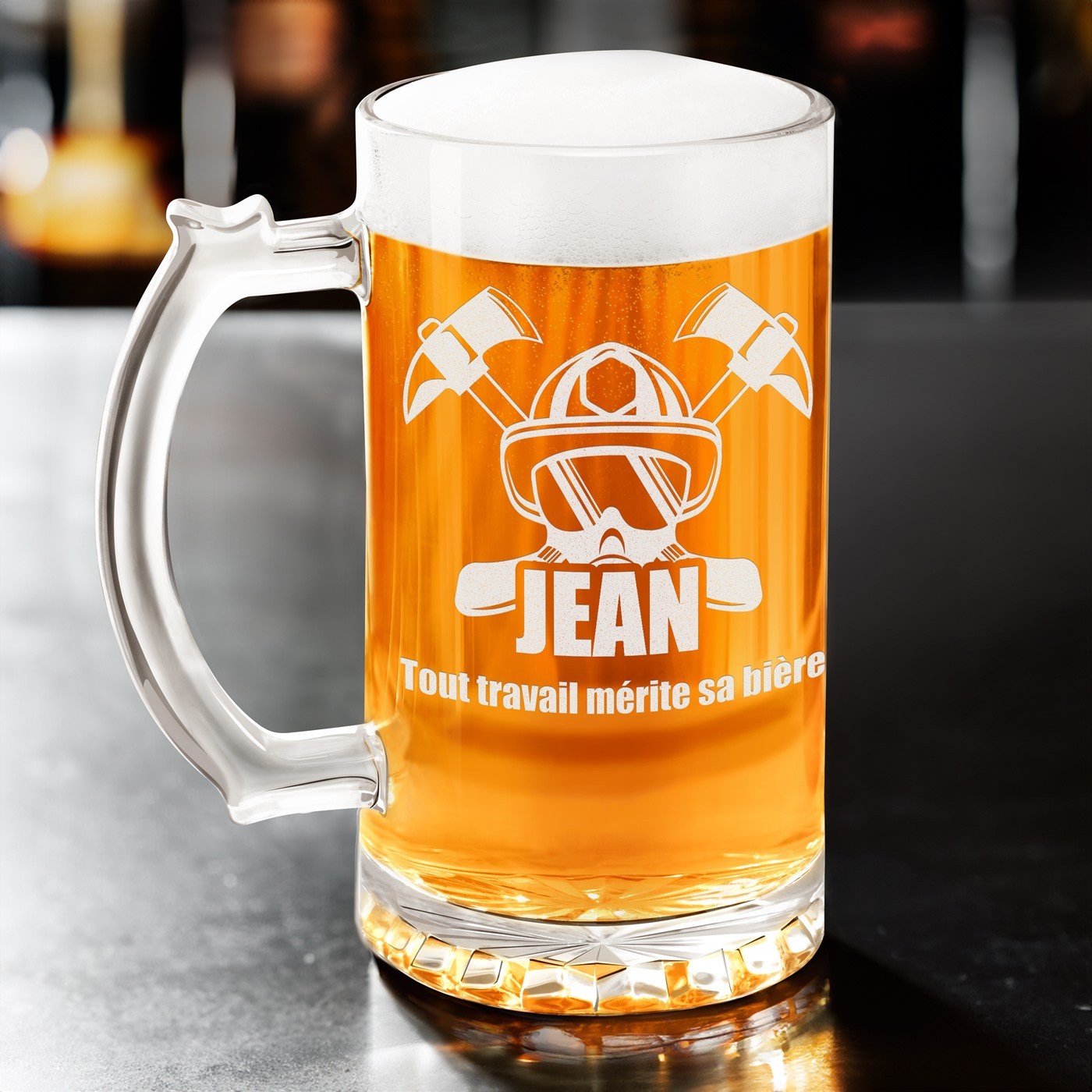 Copo de cerveza personalizado Murrano para el cumpleaños de un bombero