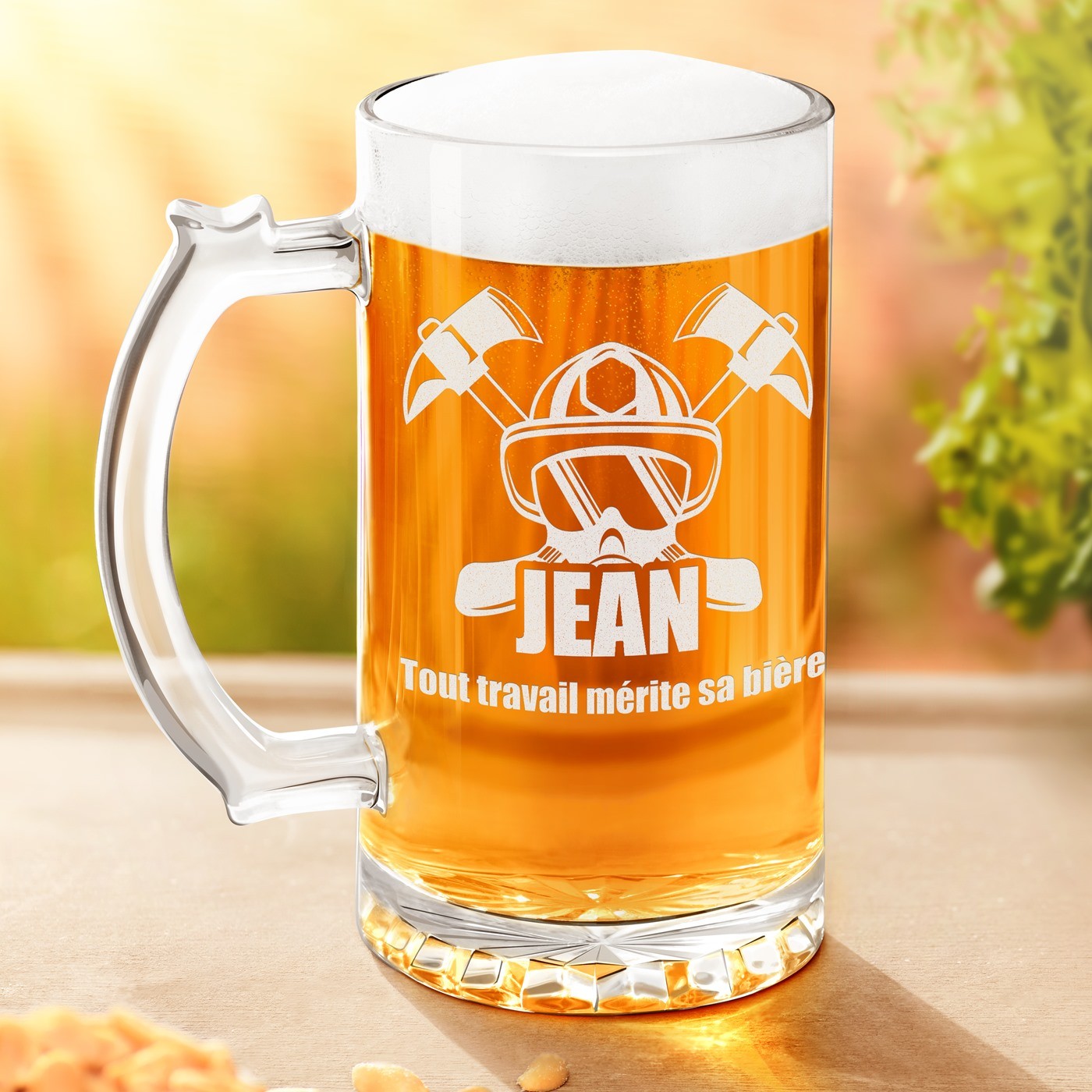Copo de cerveza personalizado Murrano para el cumpleaños de un bombero