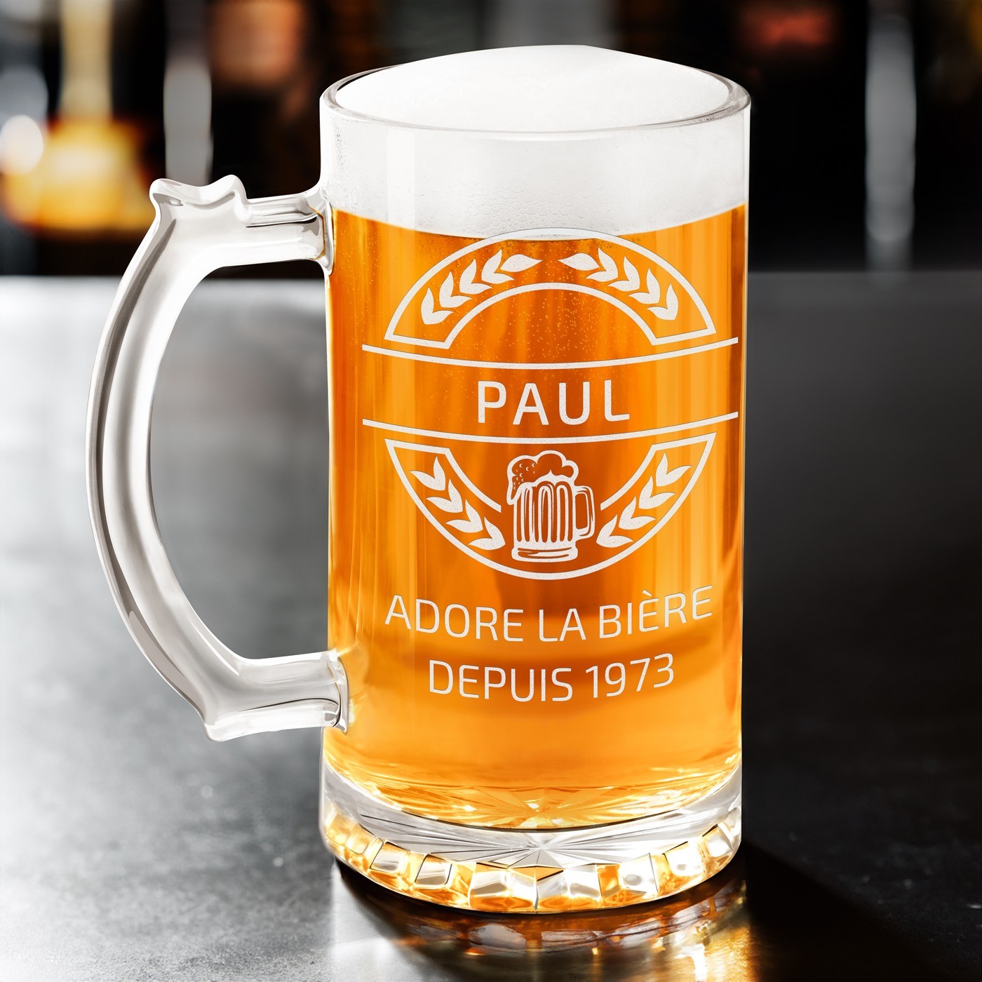 Vaso de cerveza personalizado Murrano para el cumpleaños de un padrino