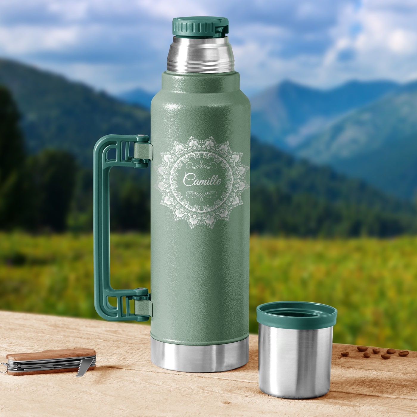 Termo verde personalizado para el cumpleaños de mamá