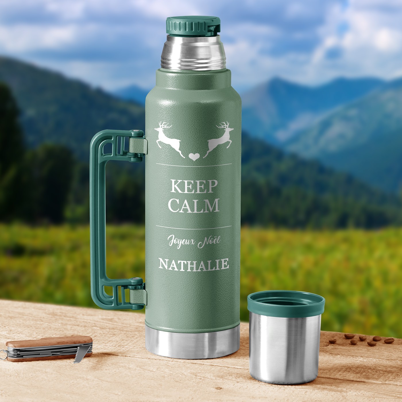 Termos verde personalizado Murrano para mamá en Navidad