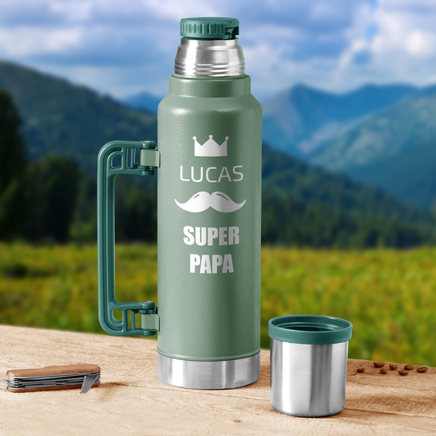 Termos verde personalizado para el Día del Padre