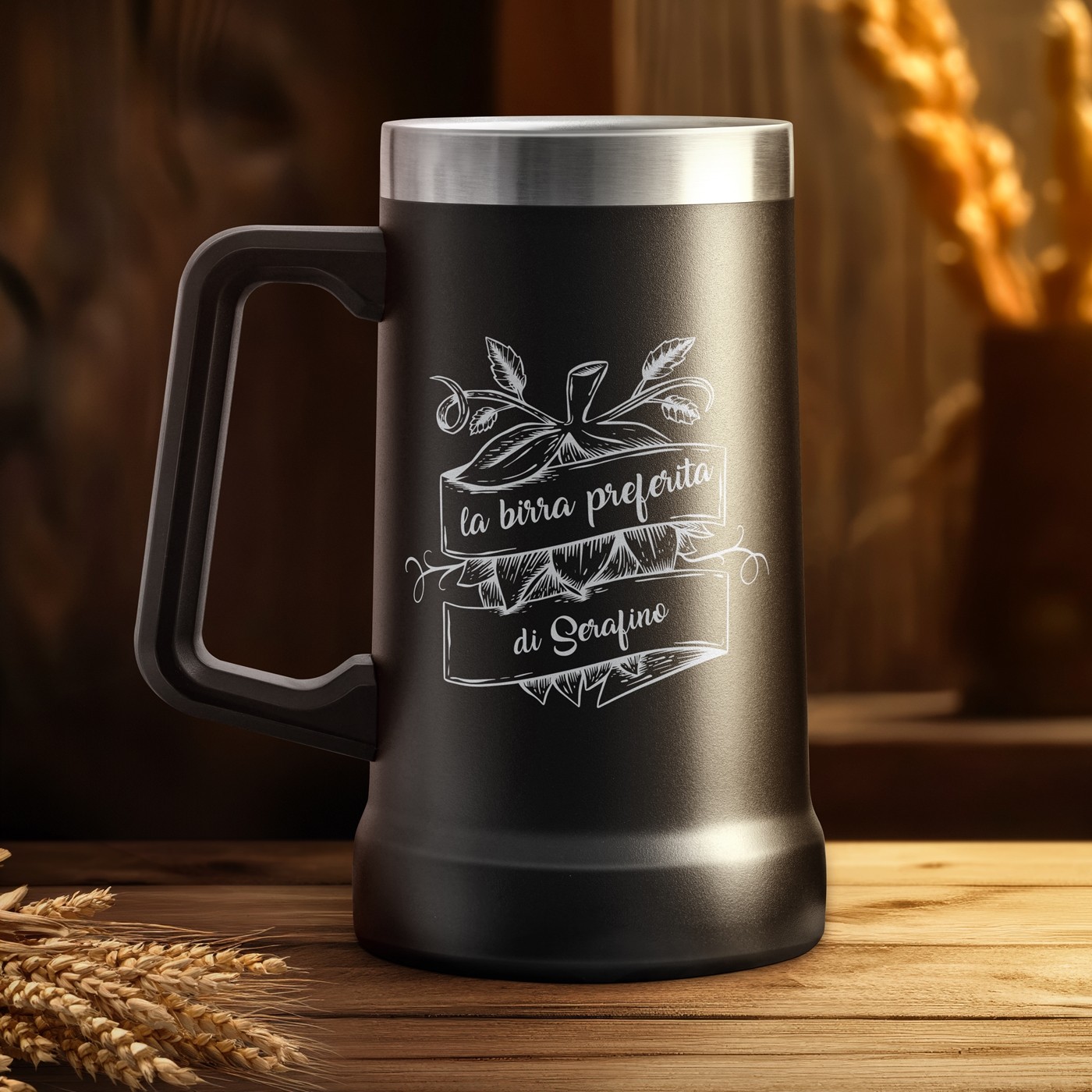 Taza de cerveza personalizada Murrano de acero inoxidable - Negra