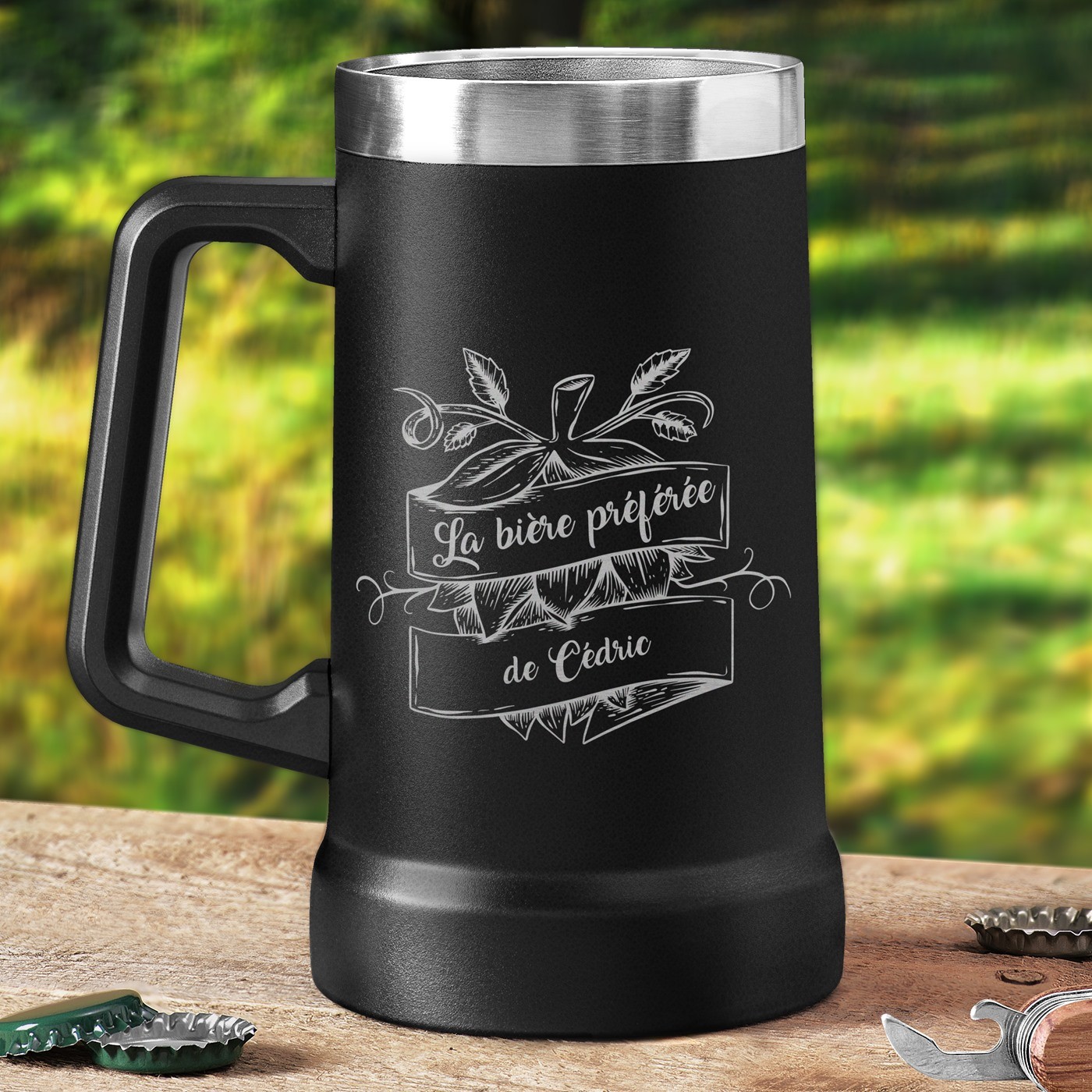 Taza de cerveza personalizada Murrano de acero inoxidable - Negra