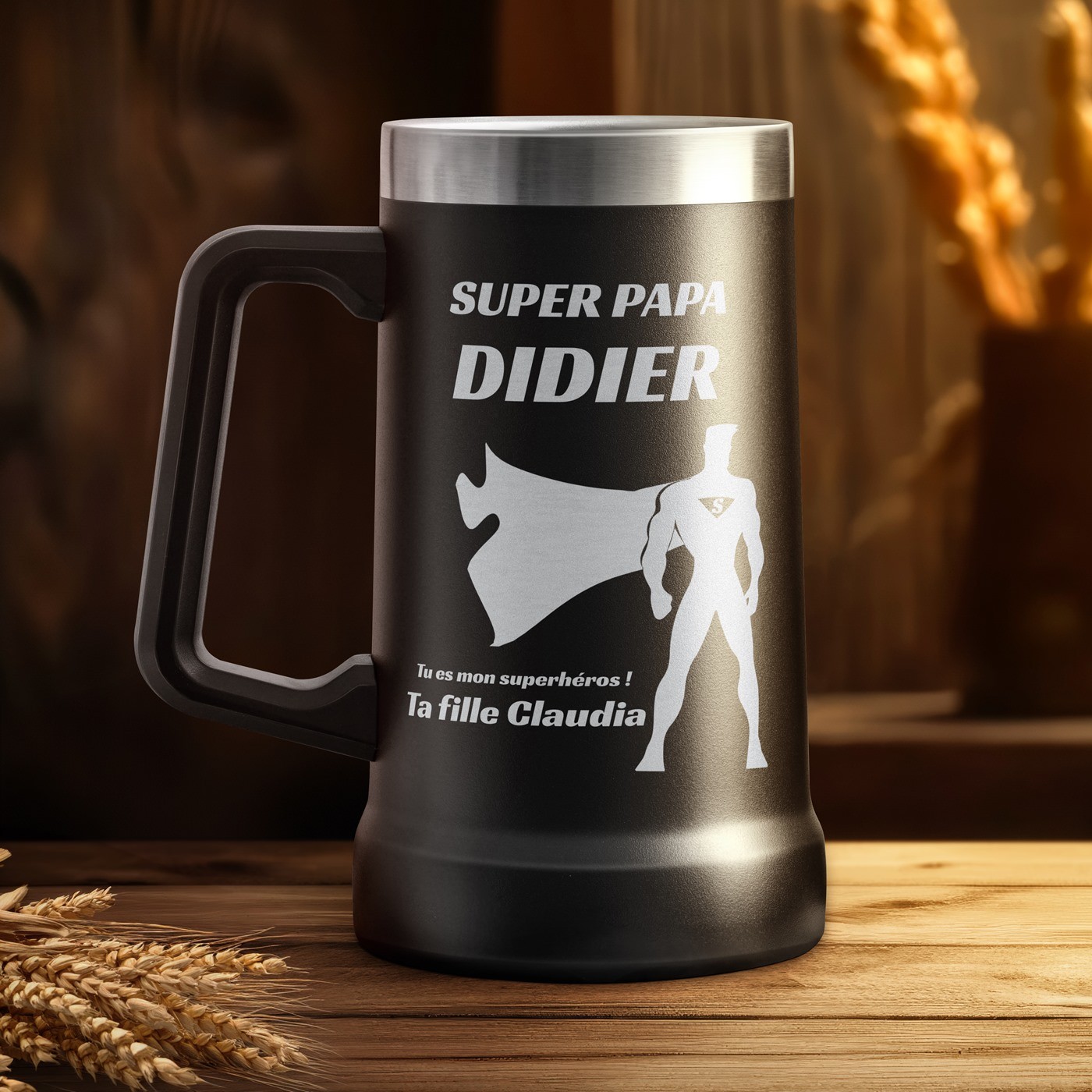 Taza de cerveza personalizada de acero inoxidable negro para el Día del Padre