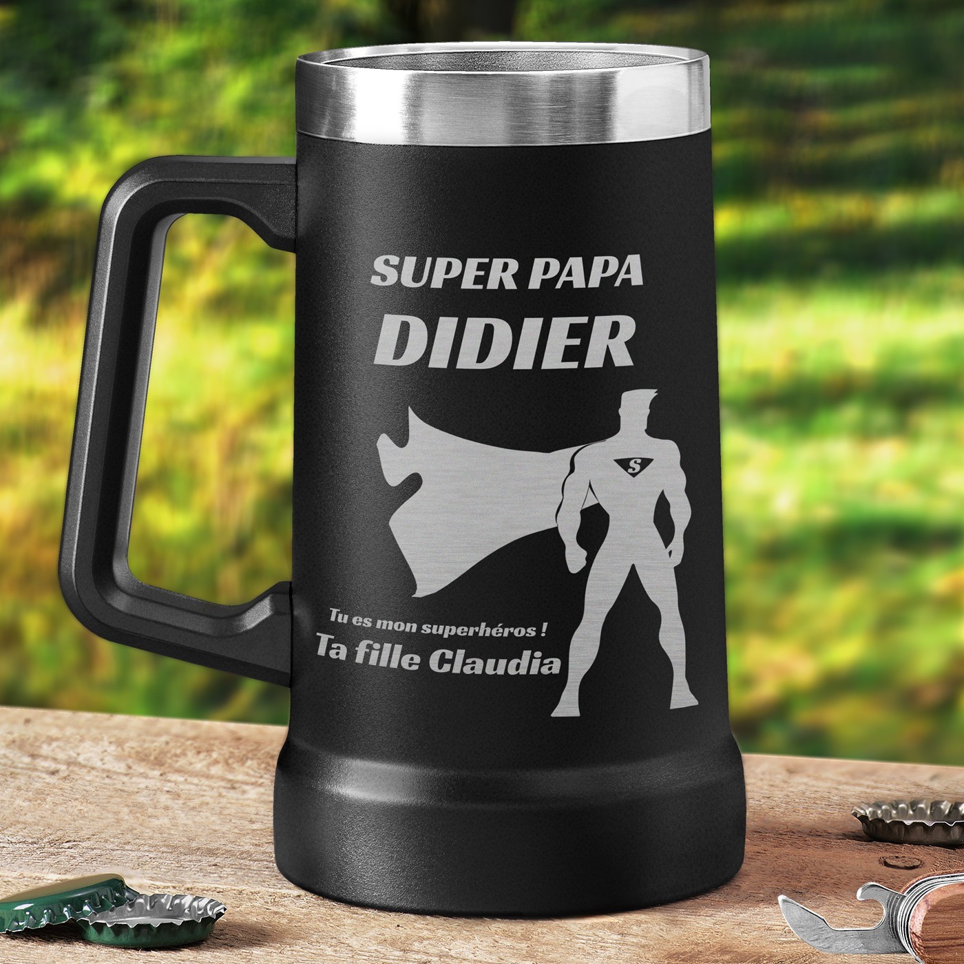 Taza de cerveza personalizada de acero inoxidable negro para el Día del Padre
