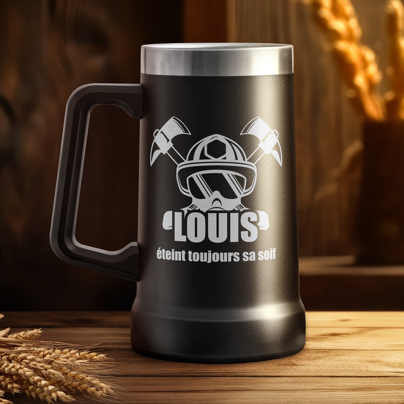 Vaso de cerveza aislante Murrano - Negro con grabado personalizado para un bombero