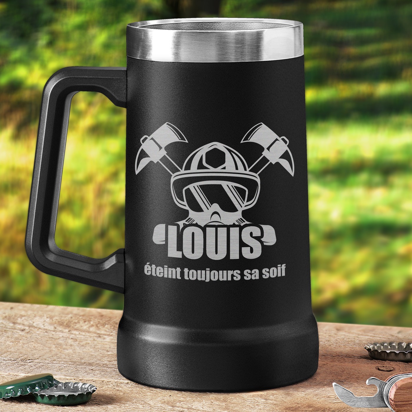 Vaso de cerveza aislante Murrano - Negro con grabado personalizado para un bombero