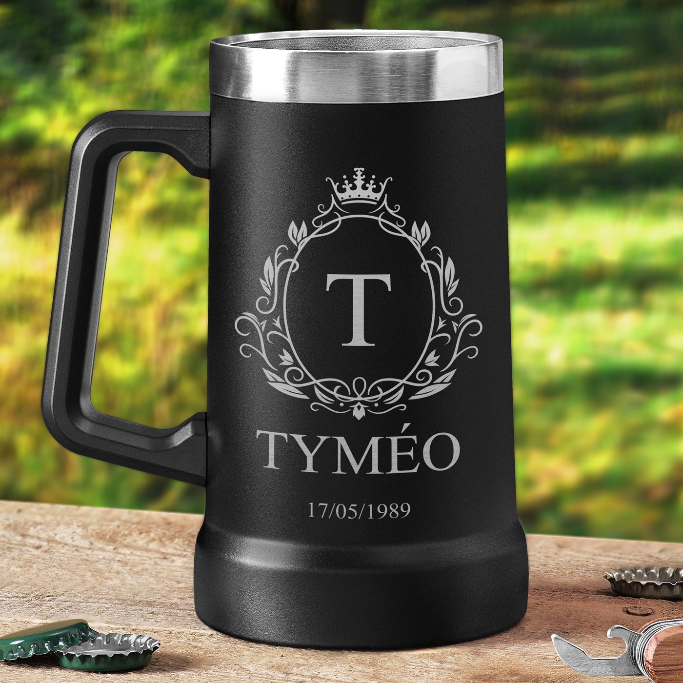 Copo de cerveza aislante Murrano - Negro con grabado personalizado