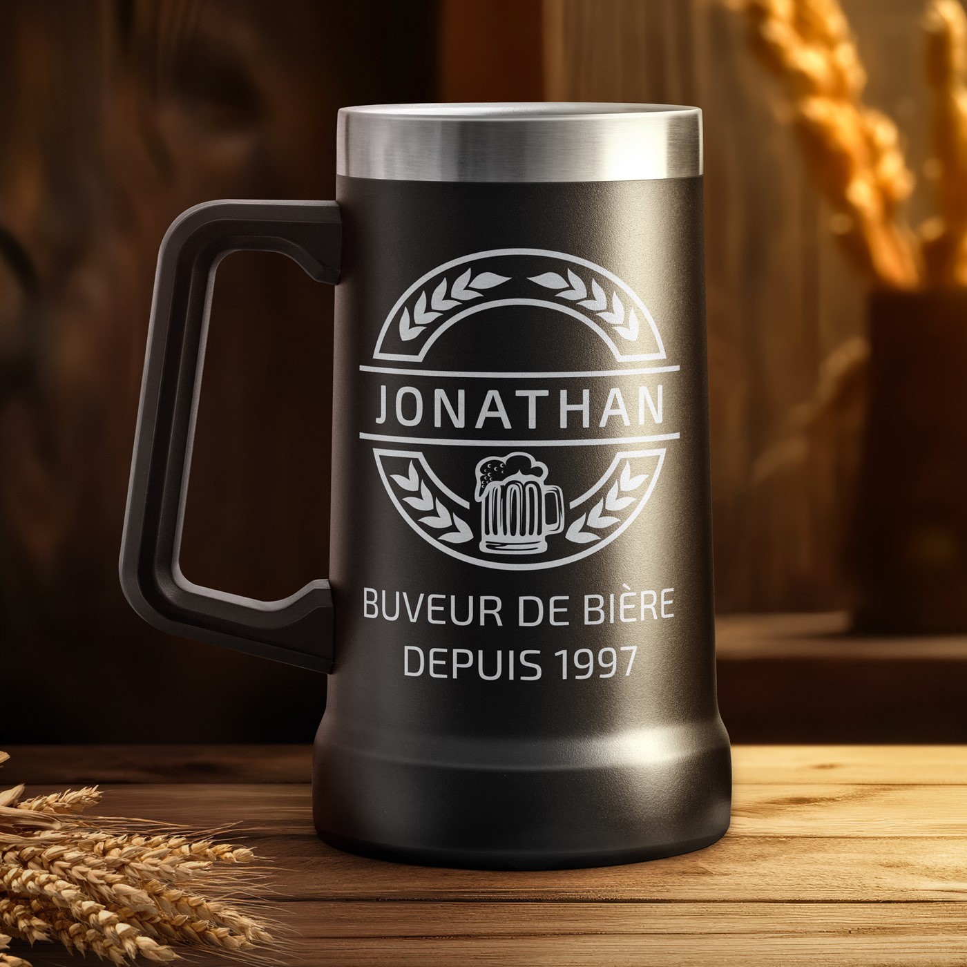 Vaso de cerveza aislante Murrano negro con grabado