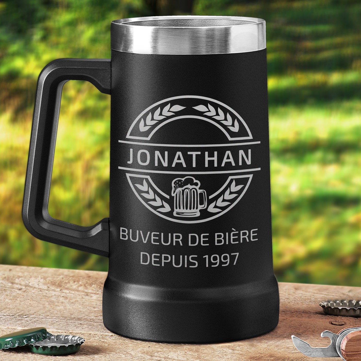 Vaso de cerveza aislante Murrano negro con grabado