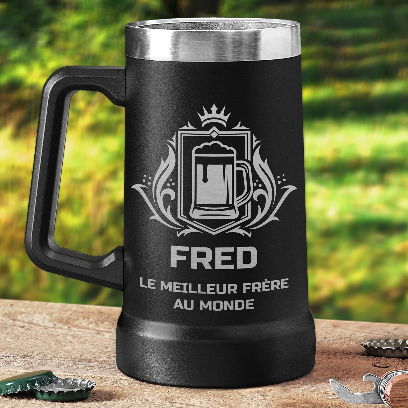 Taza de cerveza personalizada de acero inoxidable negra Murrano para el mejor hermano