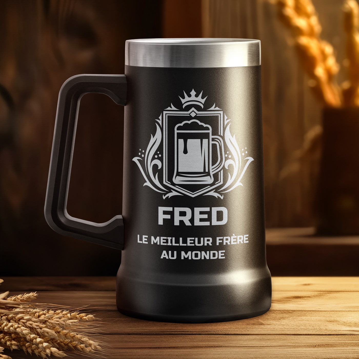 Taza de cerveza personalizada de acero inoxidable negra Murrano para el mejor hermano