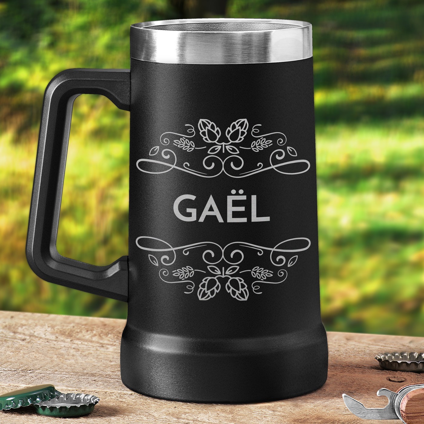Taza de cerveza personalizada de acero inoxidable negro Murrano