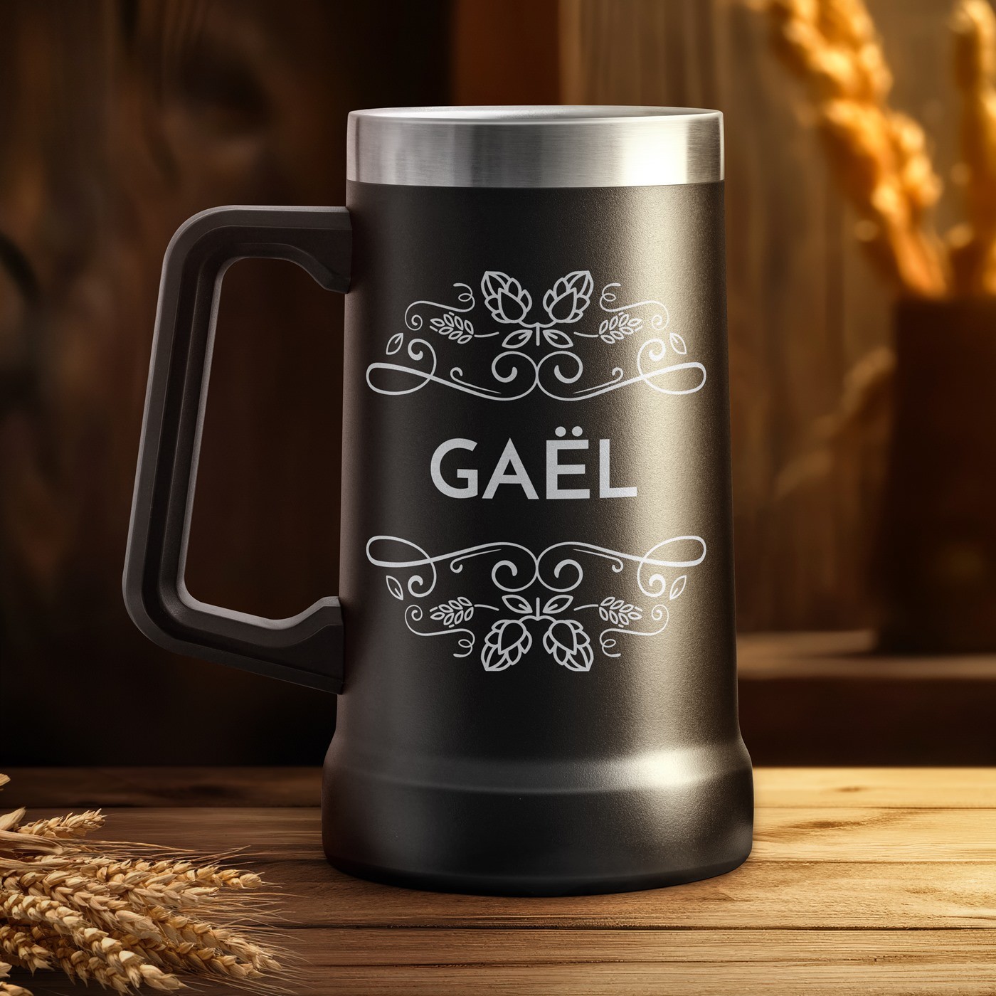 Taza de cerveza personalizada de acero inoxidable negro Murrano