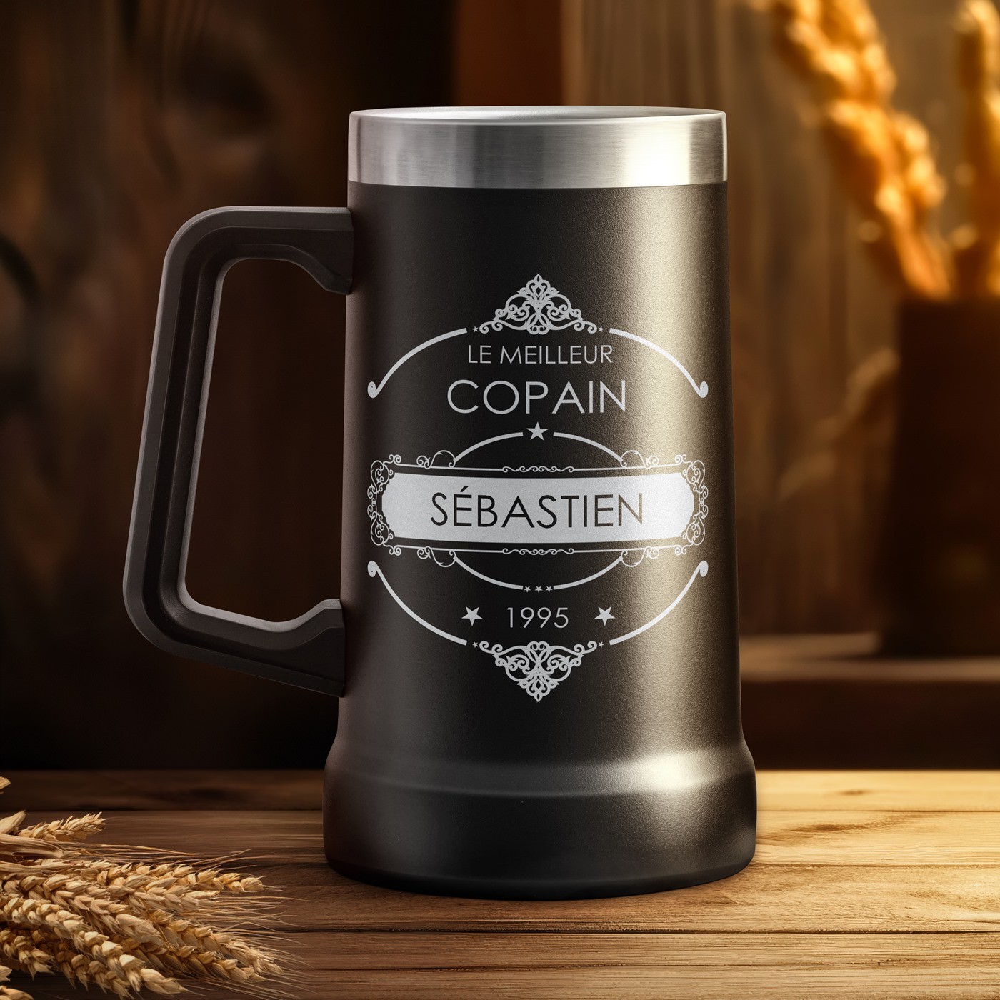 Taza de cerveza aislante de acero inoxidable negra personalizada con grabado
