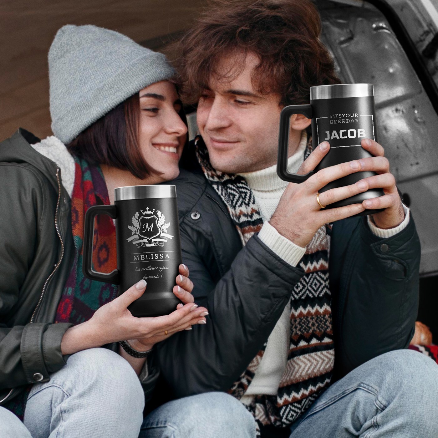 Taza de cerveza personalizada de acero inoxidable negra Murrano para el cumpleaños de su hermano