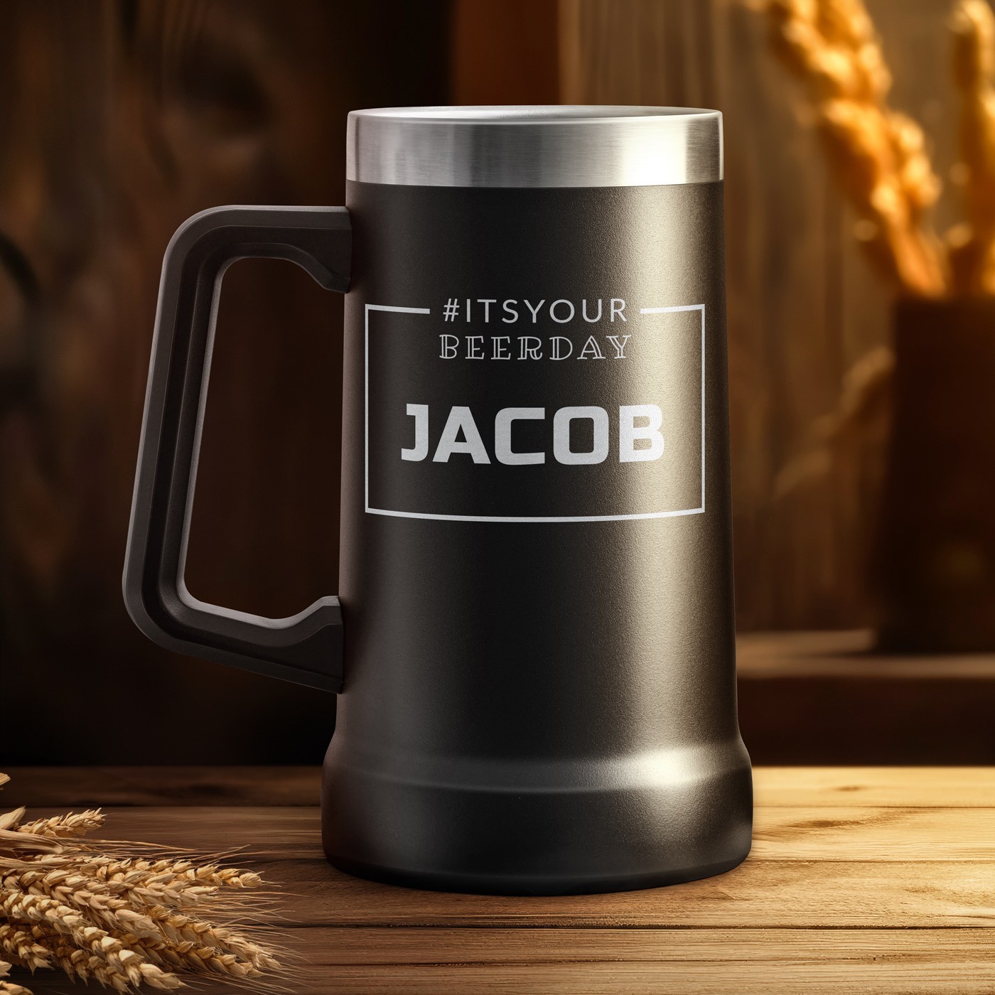 Taza de cerveza personalizada de acero inoxidable negra Murrano para el cumpleaños de su hermano