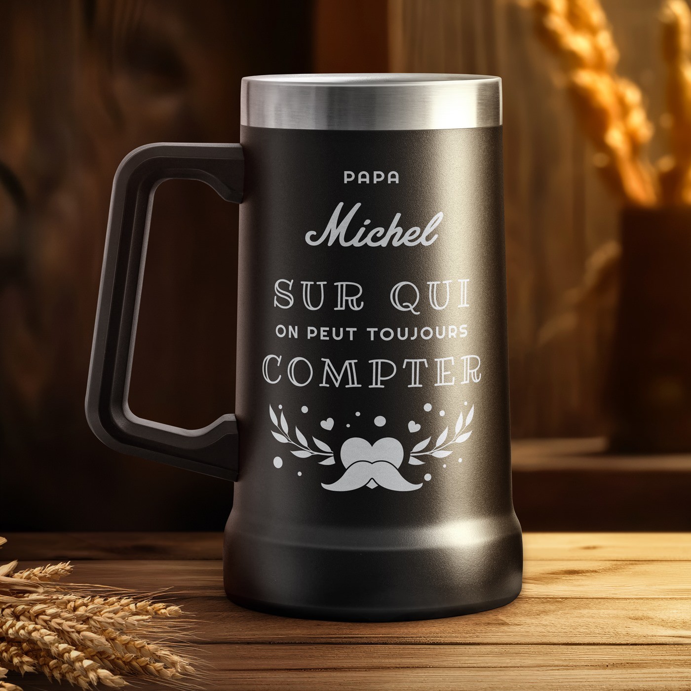 Taza de cerveza aislada personalizada Murrano - Negra para papá, perfecta para Navidad o su cumpleaños