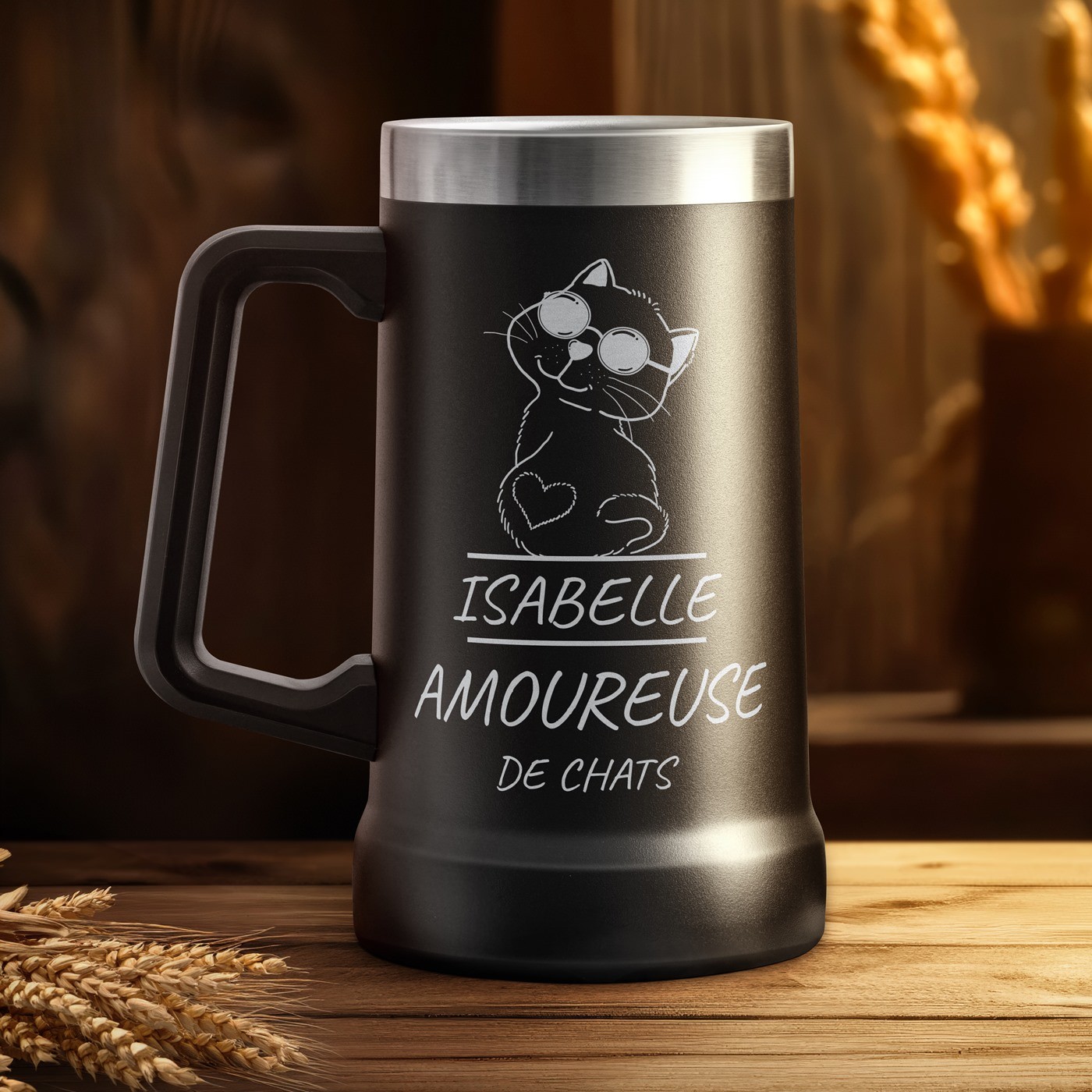 Taza de cerveza personalizada Murrano - Vidrio negro aislado para el cumpleaños de una amante de los gatos