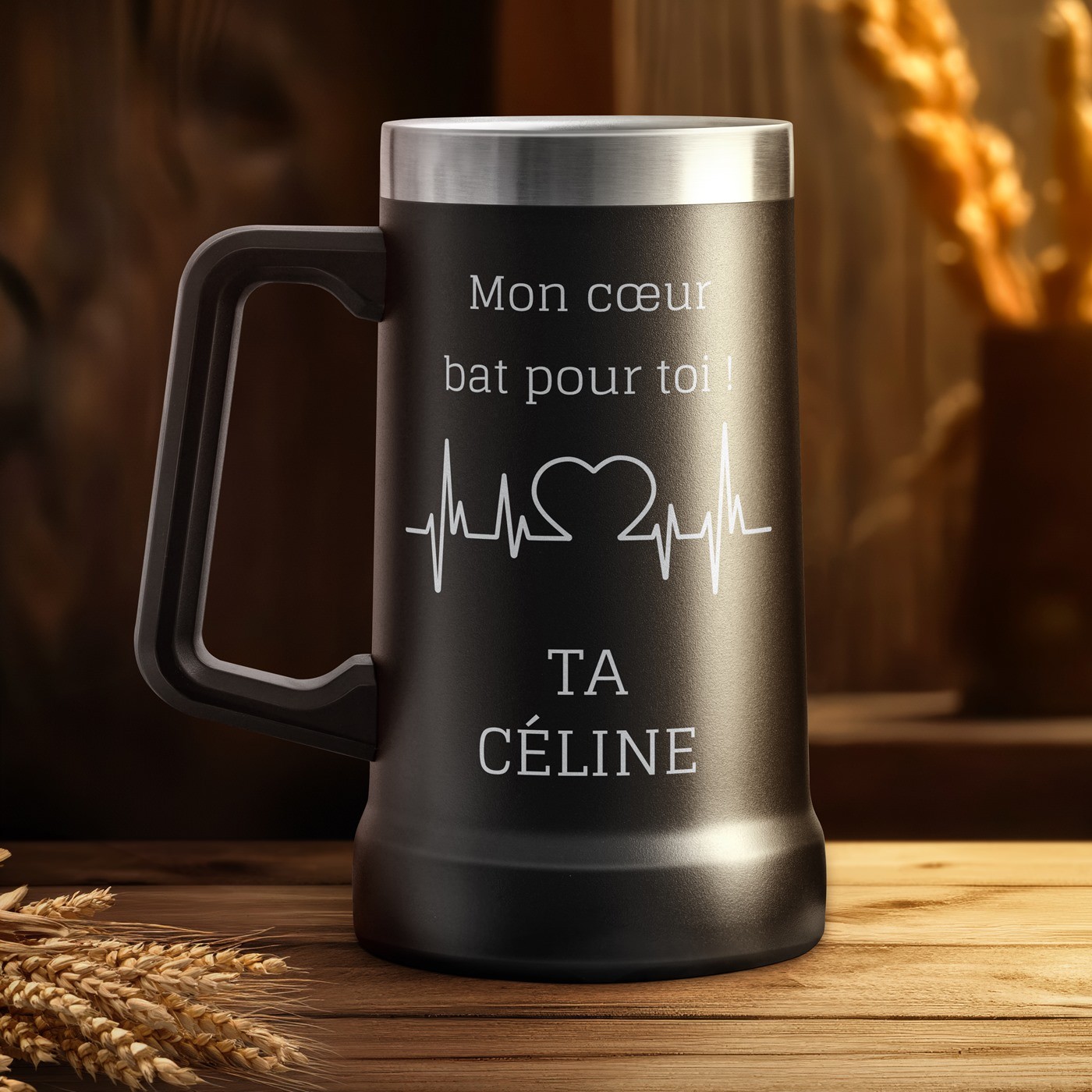 Taza de cerveza aislada negra personalizada para un esposo por el Día de San Valentín