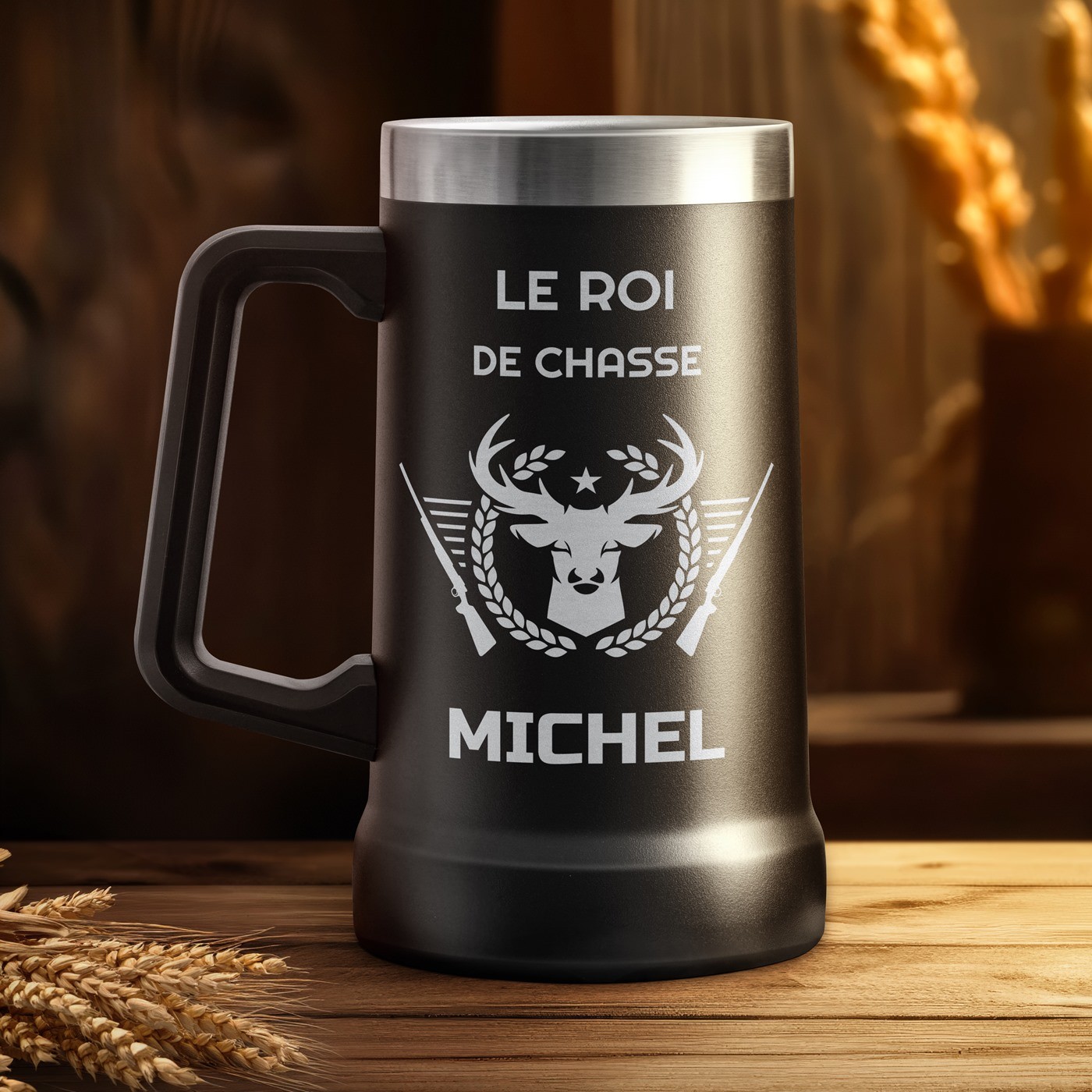 Mug de cerveza aislante personalizado Murrano - Negro para el cumpleaños de un cazador