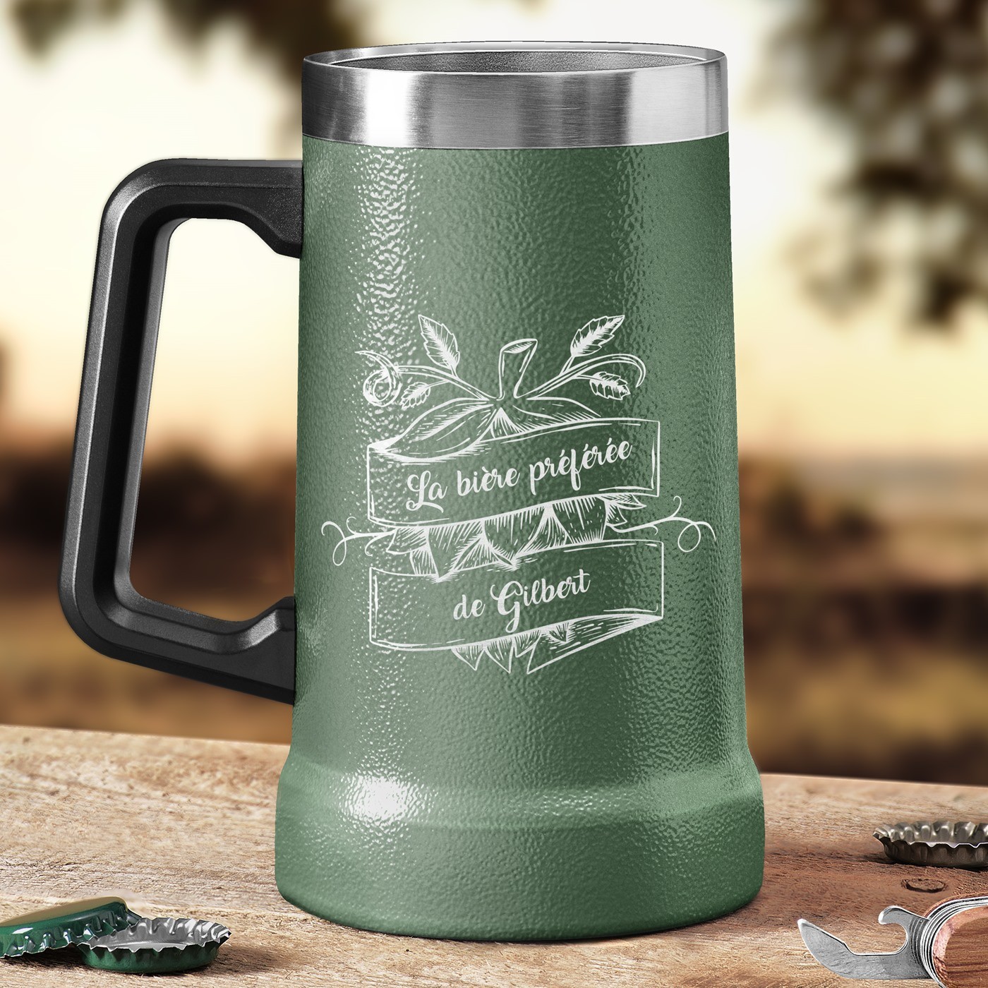 Tasse à bière personnalisée en acier inoxydable - Vert avec gravure pour l'anniversaire d'un mari
