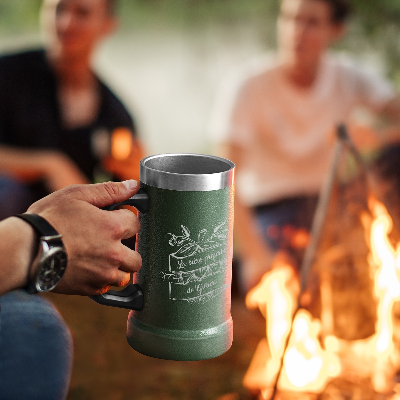 Tasse à bière personnalisée en acier inoxydable - Vert avec gravure pour l'anniversaire d'un mari