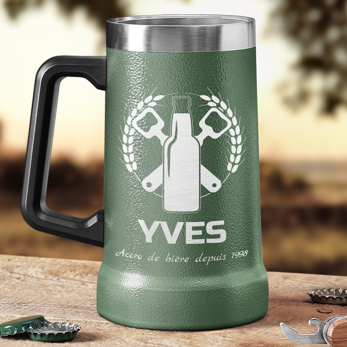 Taza de cerveza verde personalizada Murrano para el cumpleaños de un amigo