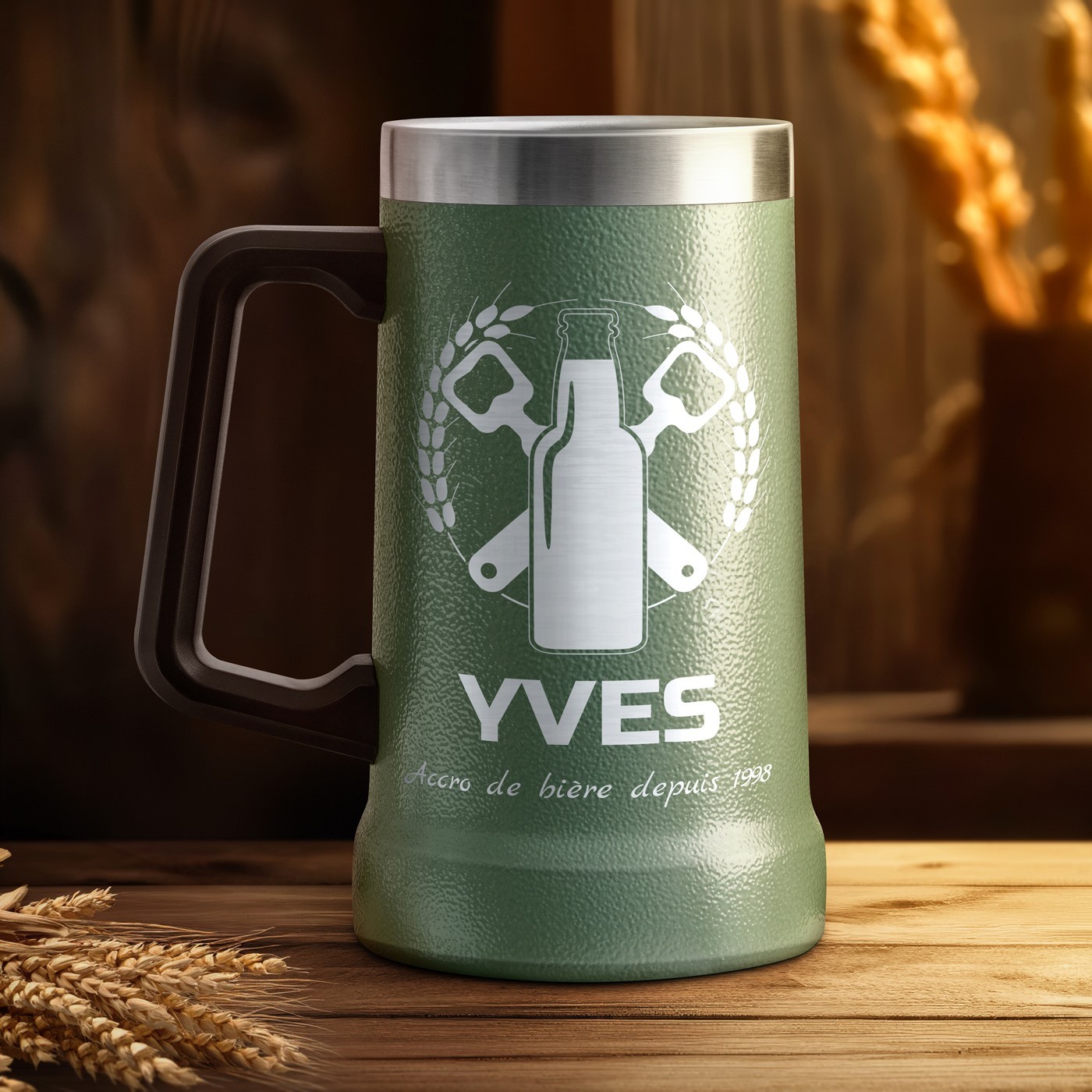 Taza de cerveza verde personalizada Murrano para el cumpleaños de un amigo