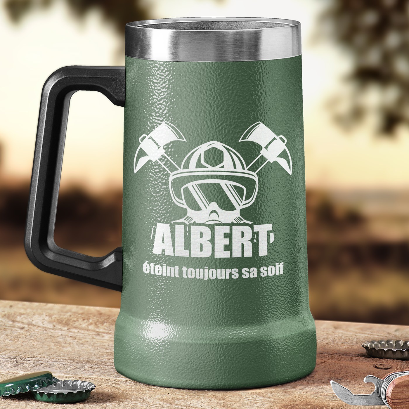 Taza de cerveza aislada personalizada Murrano - Verde para el cumpleaños de un bombero