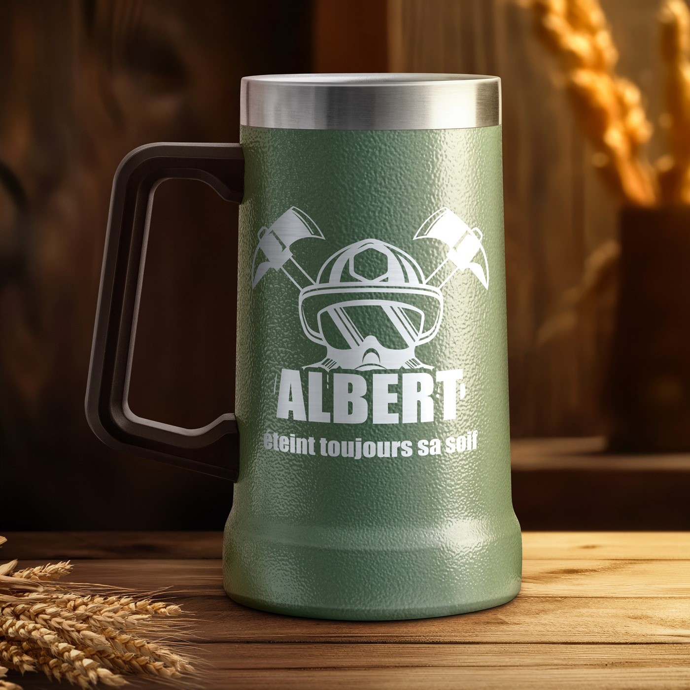 Taza de cerveza aislada personalizada Murrano - Verde para el cumpleaños de un bombero