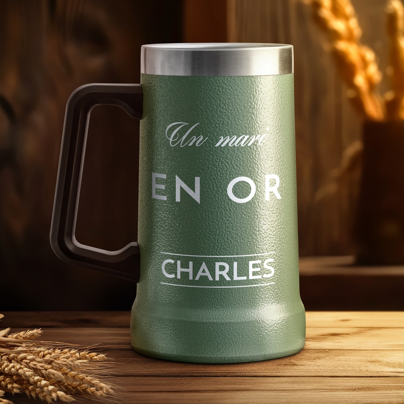 Verre à bière isolant Murrano - Tasse de bière personnalisée verte pour mari, anniversaire de mariage