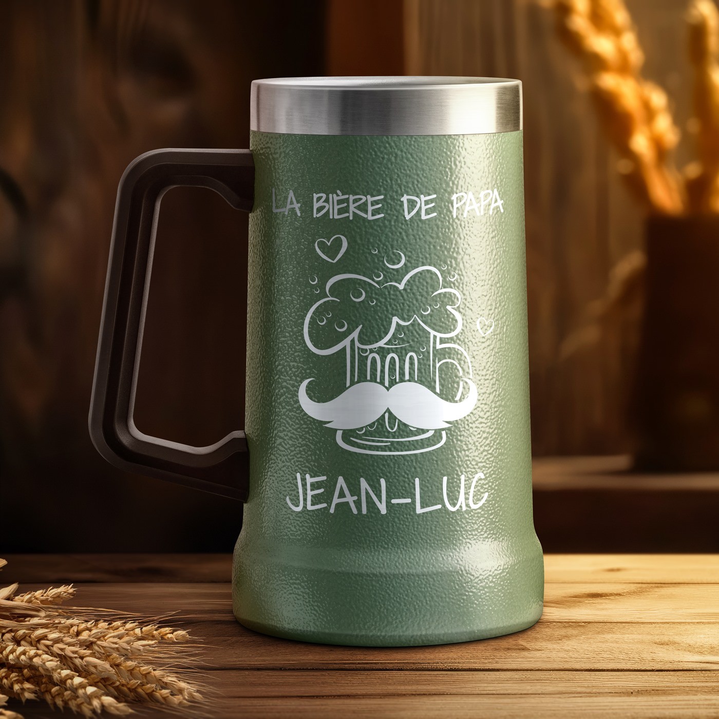 Taza de cerveza personalizada de acero inoxidable verde para papá